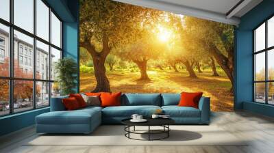 Olive grove in a Mediterranean fruit garden, with trees full of ripe olives under the sun Wall mural