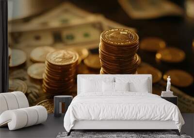 Piles of stacked gold coins on a table, with scattered currency bills in the background. Wall mural