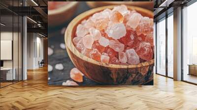 Pink Himalayan salt crystals in a wooden bowl, natural seasoning and health concept, organic and holistic living Wall mural