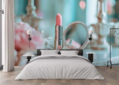 Pink lipstick and compact mirror on a vanity, beauty essentials and feminine style, elegant and chic cosmetic accessories - Wall mural