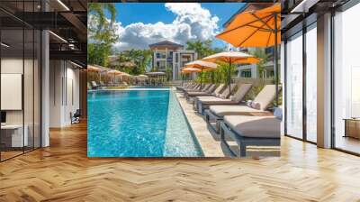 Resort-style pool area with a swim-up bar, large umbrellas, and luxury loungers. Wall mural