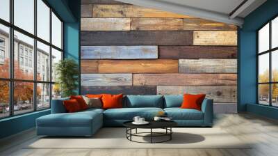 Rustic reclaimed wood background with varying plank sizes, creating a unique, textured pattern in earth tones Wall mural