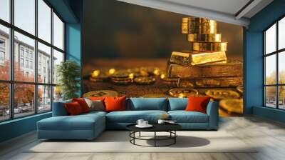 Stack of gold bars and coins representing valuable assets on a wooden table Wall mural