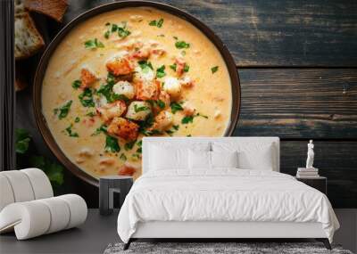 Top view of a bowl of creamy lobster bisque with fresh herbs and croutons on a dark wooden table Wall mural