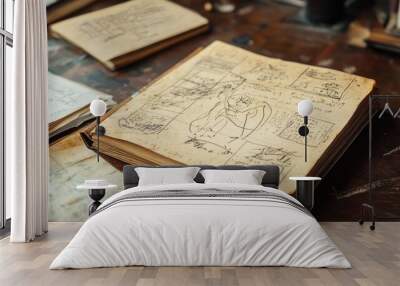 Vintage paper with hand-drawn sketches, reminiscent of a historical s notebook. Wall mural