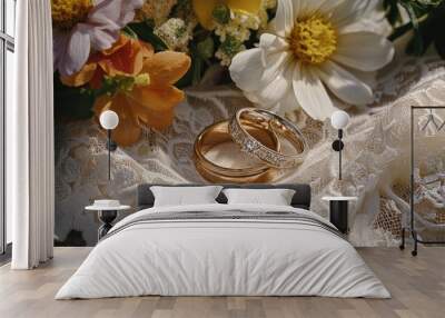 Wedding rings resting on a lace cloth, surrounded by delicate flowers, symbolizing eternal love Wall mural