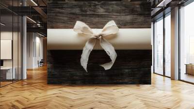 White ribbon looped in a bow around a rolled-up scroll, laid on a wooden surface, suggesting a message or invitation - Wall mural