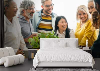 group of people of different ages in the kitchen, multiracial people - focus on young man with glasses - Wall mural