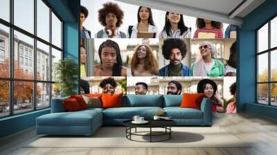 Many happy and diverse young people different ethnicities, HR society database concept. Wall mural