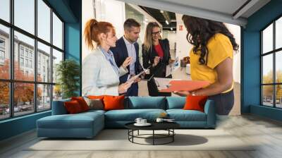 multiracial diverse businesspeople meeting in office corridor Wall mural