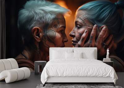 portrait of two senior lesbian women with tattoos looking at each other. created with ai Wall mural