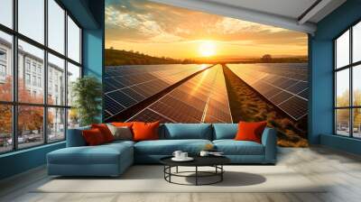 Image of solar panel field at sunset. Alternative and renewable energies, climate emergency concept Wall mural