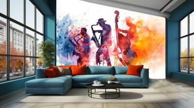 Watercolor illustration with live jazz music band. Music day, international jazz day. Wall mural