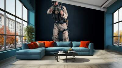 Soldier with rifle against black background. Full body Wall mural