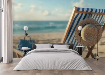 A beach chair with a straw hat hanging on it, blue and white striped fabric, a summer atmosphere Wall mural