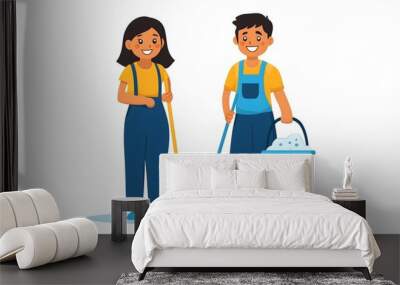 Cute flat vector illustration of two smiling young cleaning worker Wall mural