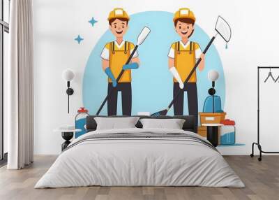 illustration of two smiling people wearing cleaning uniforms, holding mops and brooms with sponges in their hands Wall mural