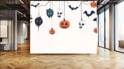 Cartoon garland with pumpkins and skulls for Halloween holiday on white background. Copy space.  Wall mural