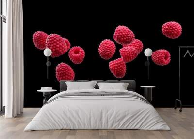 Raspberries tossed up in slow motion, hanging in air and falling down. Wall mural