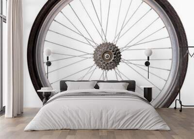 Bicycle wheel with freewheel rear sprocket on isolated background. Wall mural