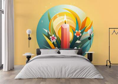 Candle With Flowers and Leaves on Yellow Background Wall mural