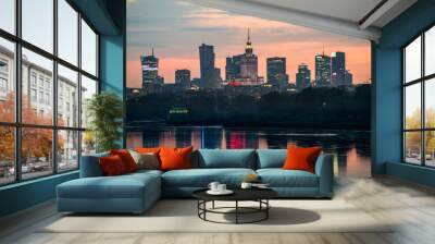 Evening panorama of Warsaw waterfront and downtown skyline Wall mural