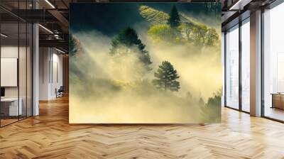 Beautiful foggy morning over the autumn hills Wall mural