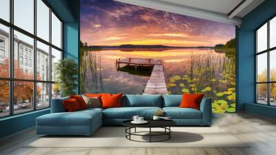 Beautiful summer sunrise over lake - Panorama Wall mural