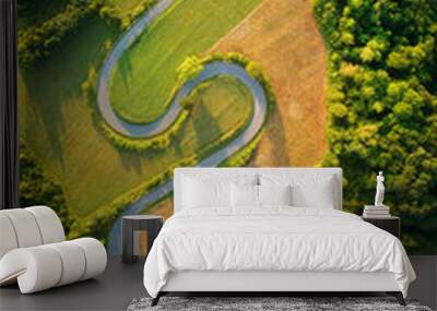 Drone aerial view - windy road in summer Wall mural