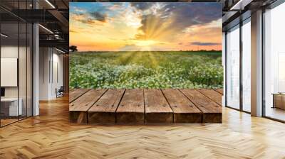 Empty wooden table background with summer sunset in background Wall mural