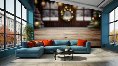 Empty wooden table with christmas theme in background Wall mural