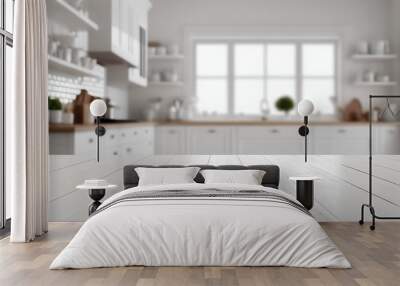 Empty wooden table with kitchen in background Wall mural