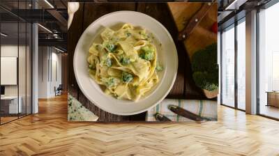 Pappardelle pasta with four cheese sauce and broccoli Wall mural