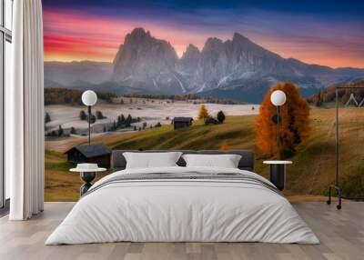 Sunrise at Alpe di Siusi valley in Italian dolomites Wall mural