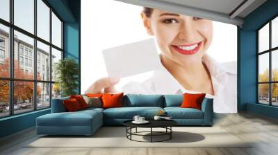 Beautiful business woman holding personal card. Wall mural