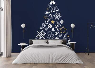 greeting card concept with the words merry christmas. abstract christmas tree shape arranged with fe Wall mural