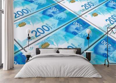 Israeli Shekel bills stacked background. Computer generated 3D photo rendering. Wall mural