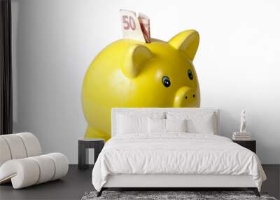 Yellow ceramic piggy bank with one bank note Wall mural