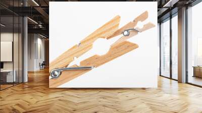 Small and large wooden clothes pegs. Household accessories. White background. Wall mural