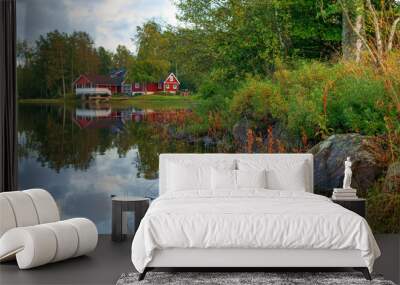 Swedish lake coast in September Wall mural