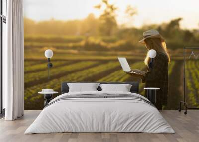 Female farmers using laptops to collect agricultural crops.
 Wall mural