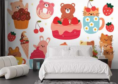 hand drawing cartoon cute animals and dessert. cute animal and food sticker set. kawaii sticker collection Wall mural