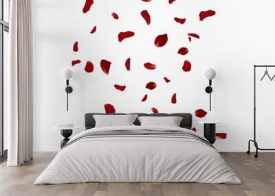 Falling red rose petals seasonal confetti, blossom elements flying isolated. Abstract floral background with beauty roses petal. design for greeting cards on March 8, Women Day, Valentine's Day. Wall mural