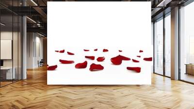 Falling red rose petals seasonal confetti, blossom elements flying isolated. Abstract floral background with beauty roses petal. design for greeting cards. Rose petals fall to the floor Wall mural