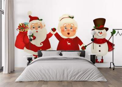 Happy Christmas companions. Vector cartoon character of Santa Claus, funny snowman and his wife isolated. Christmas family celebrate winter holidays. Cute, funny Santa Claus with Mrs. Claus greeting Wall mural