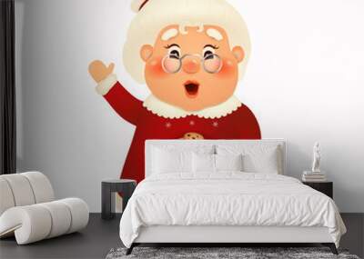 Happy Mrs. Claus cartoon character isolated on white background. Christmas Cute wife Mrs Claus waving hands and greeting with cookies. Mrs Claus for winter and new year winter holidays. vector Wall mural