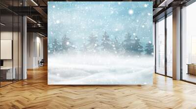 Natural Winter Christmas background with blue sky, heavy snowfall, snowflakes, snowy coniferous forest, snowdrifts. Winter landscape with falling christmas shining beautiful snow. Wall mural