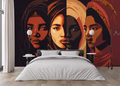 A group of women from different ethic backgrounds standing together.  Wall mural