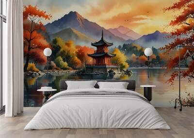 sunset in the mountains over a pagoda Wall mural