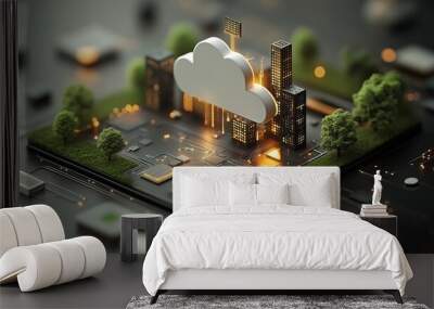 Abstract Conceptual Miniature Background of Smart Cities and Cloud Services - Technology and Urban Development Themes, AI and Smart City Solutions Wall mural